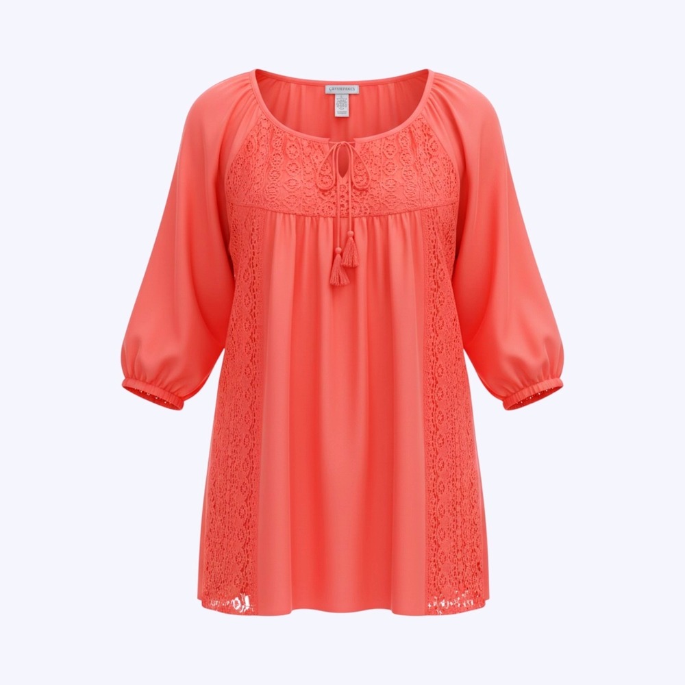 Catherines-Tasseled Gauzy Sweetheart Neck Top-Orange-Lace-Sz 2X-Beachy-Tropical